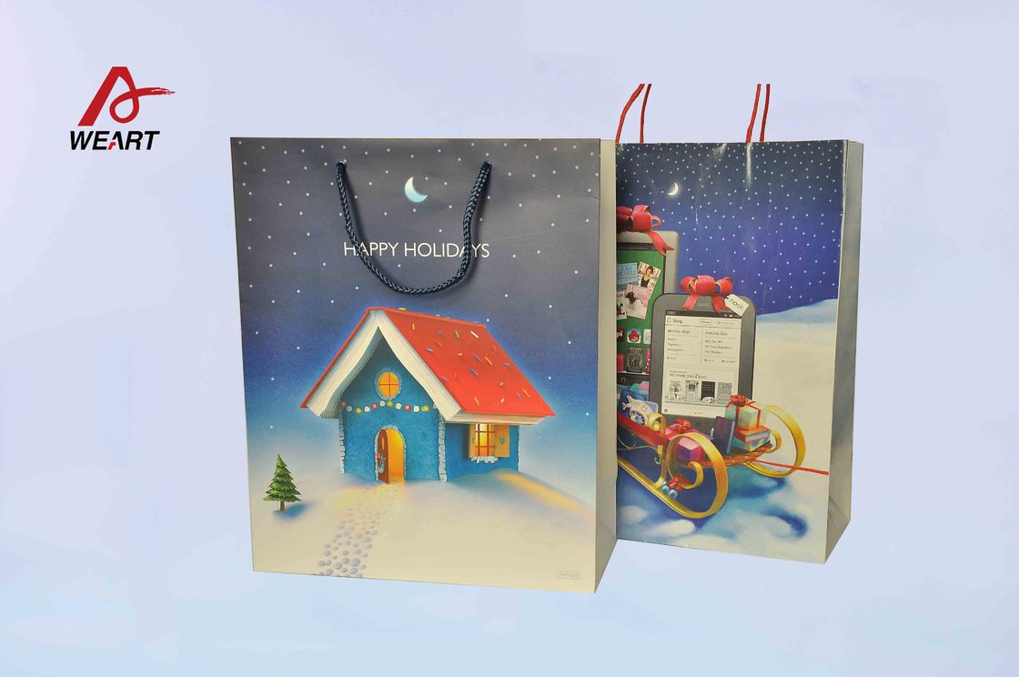 Art Christmas Paper Bags , Unique Christmas Gift Bags Blue Cotton Handle